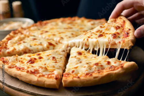 Close up of woman holding cut of pizza with sticky cheese on wooden table in background of pizza store. Lifestyle concept for holidays and vacations.