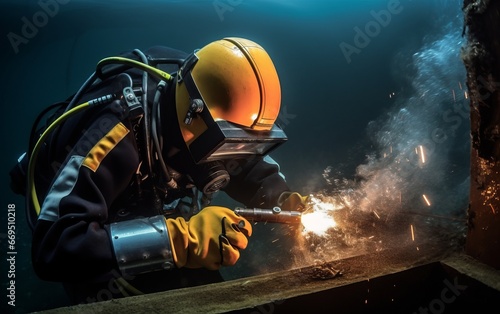 Underwater welding work wearing diving equipment. photo