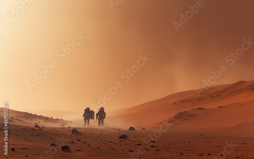 Astronaut workers wearing space suit walking on a surface of a red planet. Mars colonization concept. Dust storm in the background.