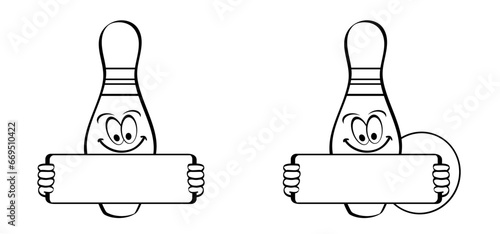 Cartoon bowling pin with stripes and bowling ball. Bowling strike idea. Sport or hobby game. Playing in a team, competition or tournament. Bowling pins and skittles. Play kegling team.