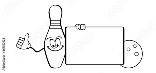Cartoon bowling pin with stripes and bowling ball. Bowling strike idea. Sport or hobby game. Playing in a team, competition or tournament. Bowling pins and skittles. Play kegling team.