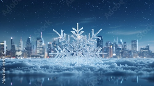 A microscopic view of a snowflake and a city skyline at night seamlessly combined.