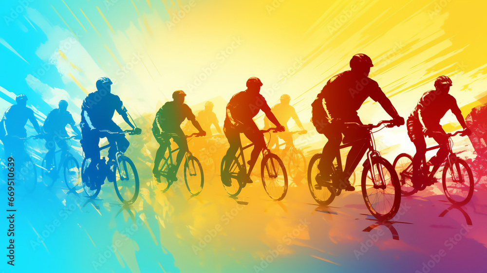 Obraz premium A diverse group of female and male cyclists from road racers, ebike riders and mountain bikers shown in a contemporary athletic abstract design, computer Generative AI stock illustration image