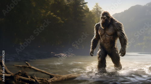 Bigfoot, also known as Sasquatch, is a legendary and elusive creature of North American folklore, often described as a large, ape-like hominid, computer Generative AI stock illustration image