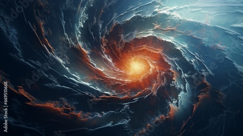 A rotating hurricane and a spiral galaxy fused together, symbolizing energy in multiple dimensions.