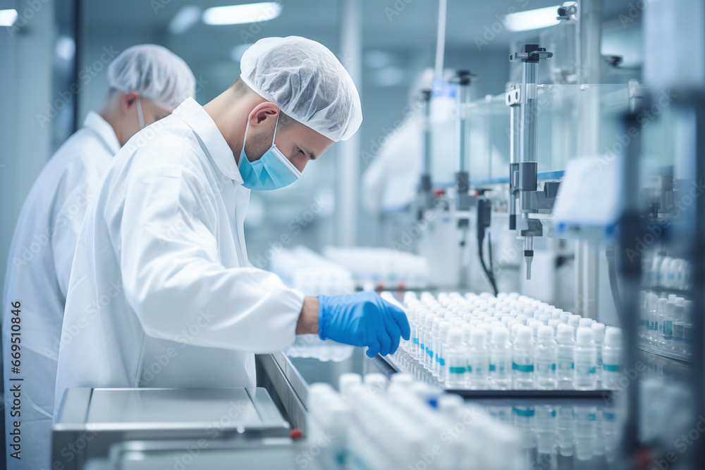 Laboratory workers with sanitary gloves checking medical glass bottles in a sterile place Laboratory workers with sanitary gloves checking medical glass bottles in a sterile place