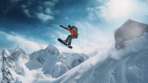 A male snowboarder rides down the mountain in winter and enjoys the views of mountain peaks and nature. Ski resort. The guy is a freerider athlete - a dangerous kind of winter sport. Generative AI.