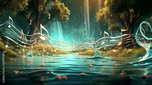 A scroll of music notes harmoniously integrated with a flowing river, creating a visual melody.