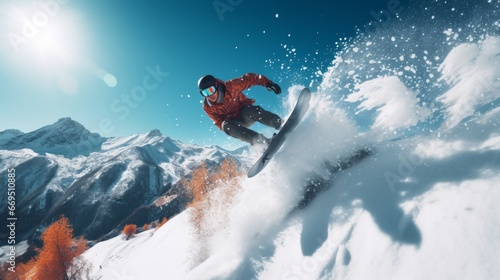 A male snowboarder rides down the mountain in winter and enjoys the views of mountain peaks and nature. Ski resort. The guy is a freerider athlete - a dangerous kind of winter sport. Generative AI.