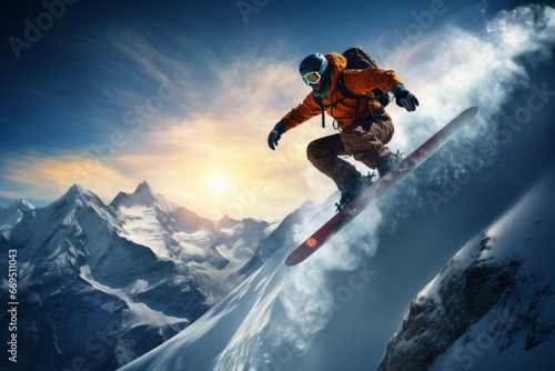 A male snowboarder rides down the mountain in winter and enjoys the views of mountain peaks and nature. Ski resort. The guy is a freerider athlete - a dangerous kind of winter sport. Generative AI. © Nikolai