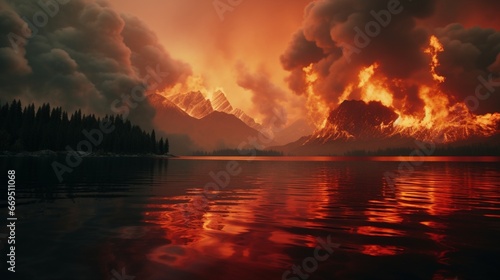 A serene lake and a fiery blaze, two natural forces inextricably bound in a single frame.