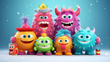 COLORFUL CHRISTMAS CARD WITH HAPPY, FUNNY, CARTOON MONSTERS, legal AI