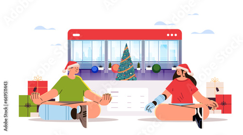 man woman with replaced robotic implants or prosthesis body parts sitting lotus pose disabled yoga class restoring normal functioning people with disabilities