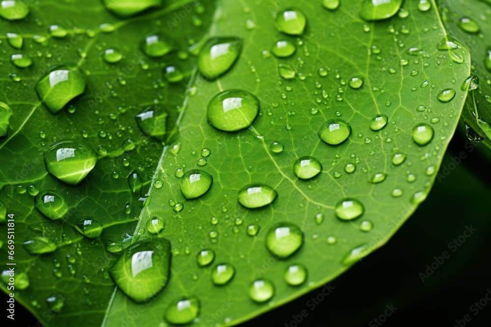 A close-up of water droplets on a vibrant green leaf.