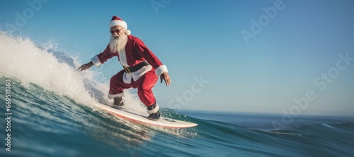 Santa Claus catching a wave on a vibrant surfboard in the tropical ocean, Surfing Santa concept