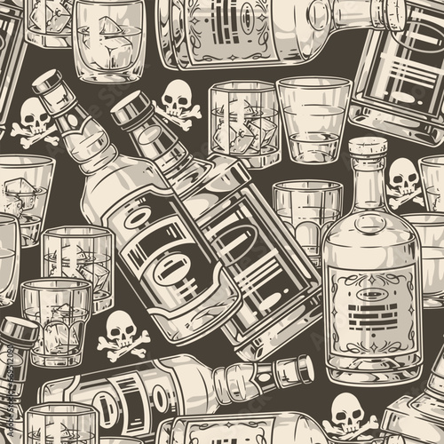 Whiskey bar monochrome seamless pattern