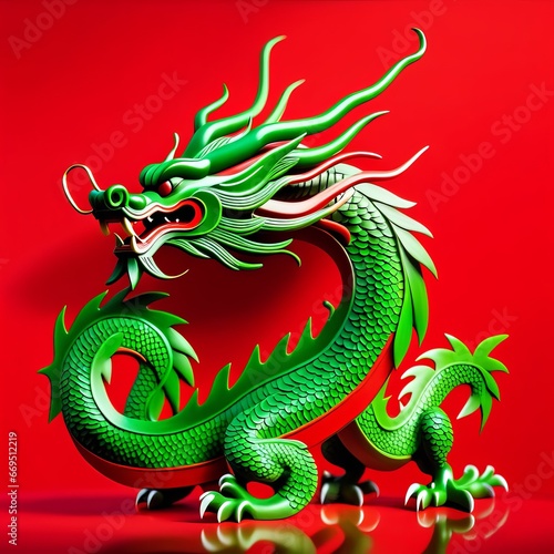 Green dragon on red background with leaves and flowers on his head new year 2024 year of the green