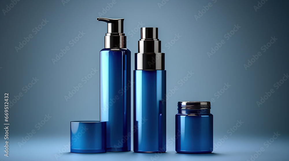Set blue cosmetic bottles packaging mockup. Set blue cosmetic bottles packaging mockup.