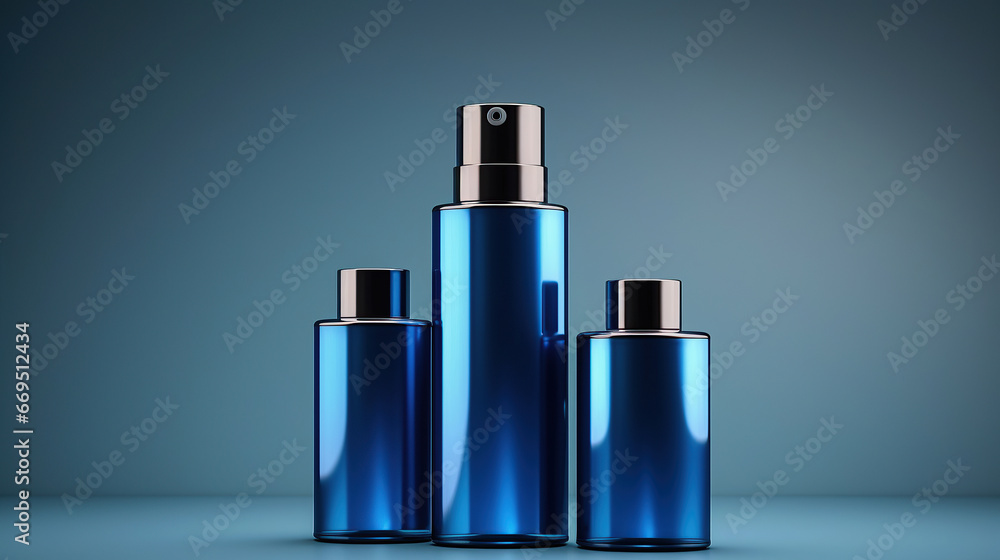 Set blue cosmetic bottles packaging mockup. Set blue cosmetic bottles packaging mockup.