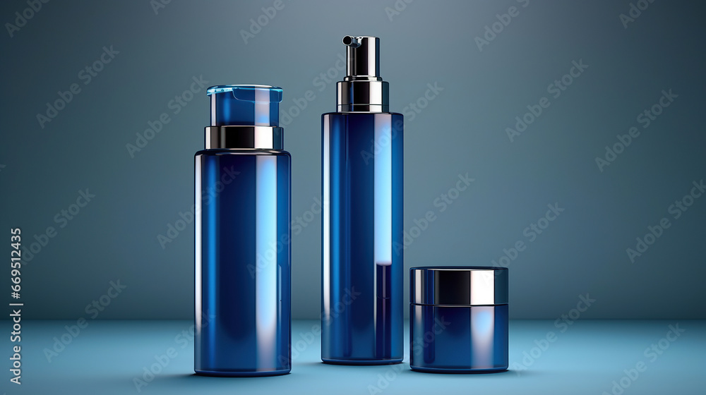 Set blue cosmetic bottles packaging mockup. - obrazy, fototapety, plakaty 