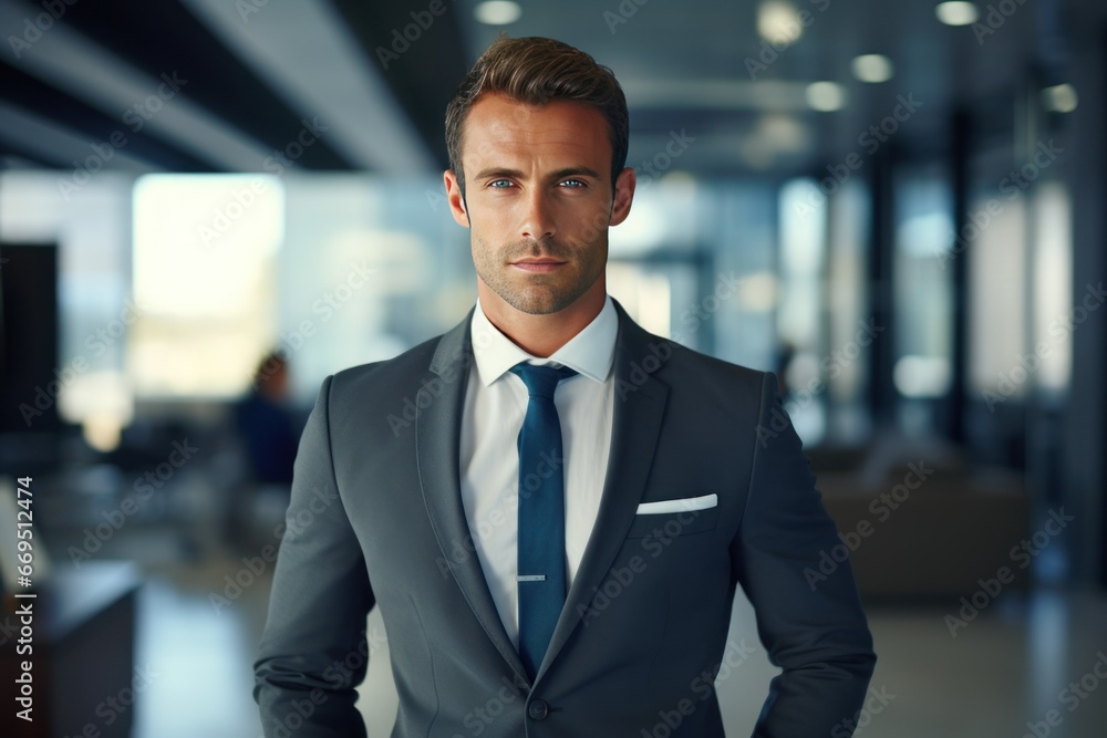 Businessman with a confident smile in a modern office.