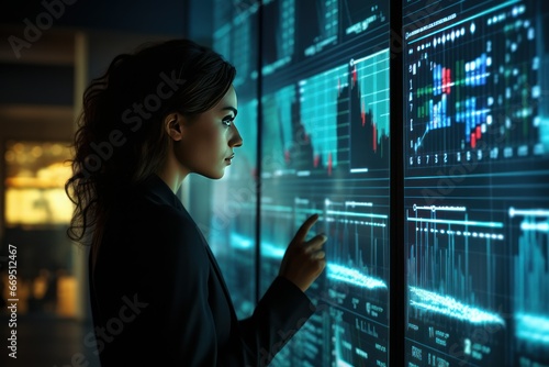 Businesswoman analyzing data on a large touchscreen.