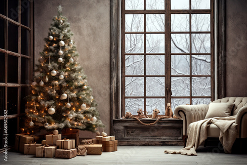 Christmas tree and presents in a room with a large window