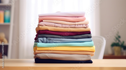 Stack of clean freshly laundered, neatly folded women's clothes on wooden table. Pile of shirts, dresses and sweaters on the table, white wall background.