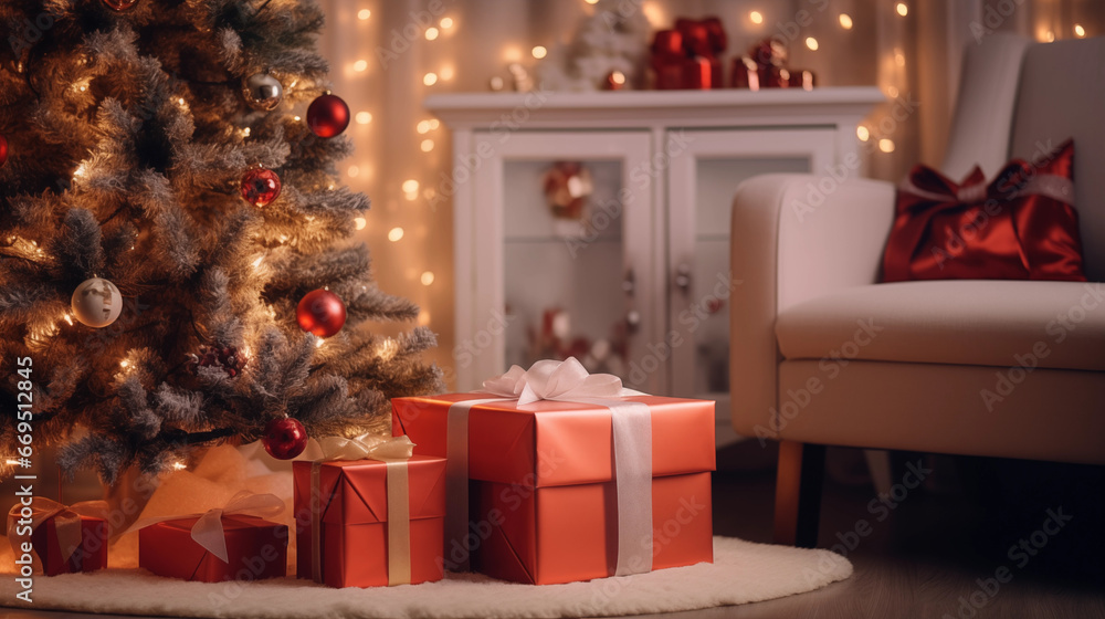 christmas tree with presents in living room christmas tree with presents in living room