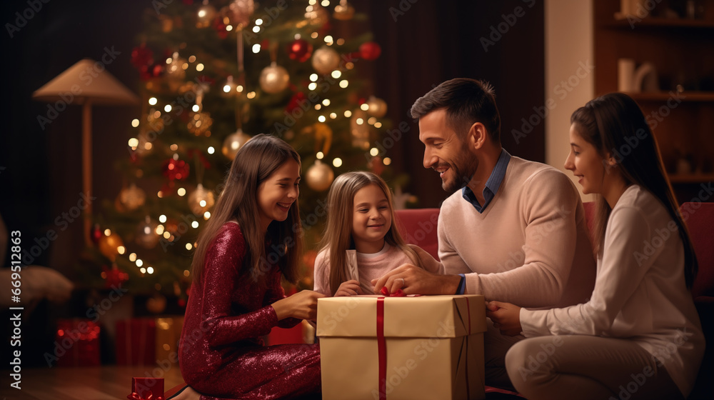father sitting open christmas gifts box with 2 daughter in living room father sitting open christmas gifts box with 2 daughter in living room