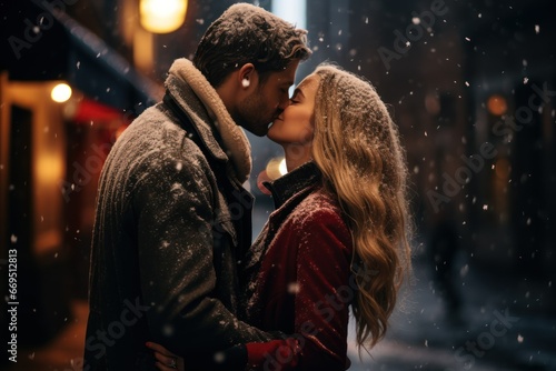Candid shot of a couple sharing a kiss under falling snowflakes.