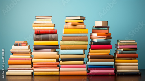 Piles of hardcover books with pastel colored background. Made with Generative AI.