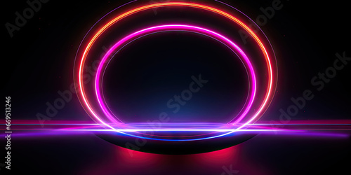 A luminous neon circle dominates the dark scene, its undulating lights.