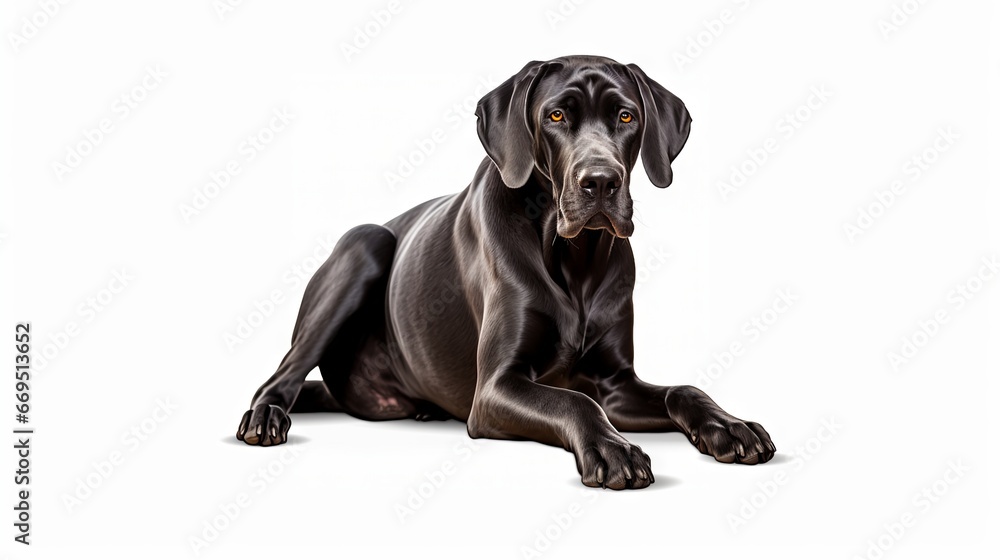 Black Great Dane Dog Laying on the Ground Relaxing Isolated on white background Black Great Dane Dog Laying on the Ground Relaxing Isolated on white background
