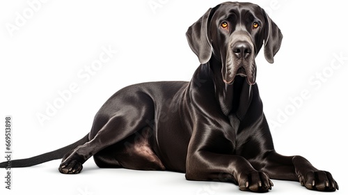 Black Great Dane Dog Laying on the Ground Relaxing Isolated on white background
