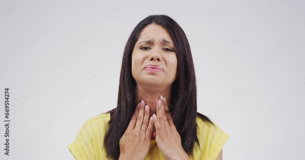 Woman, pain and cough with throat infection, sore and hand on neck