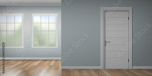 classic  interior empty room with two windows and door mock up vector illustration