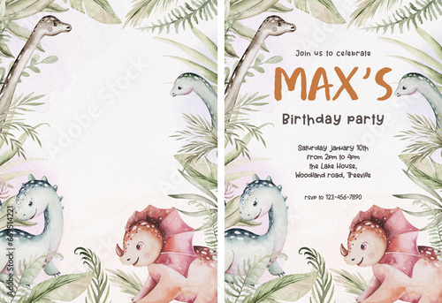 Cute dinosaur cartoon baby shower pre-made background watercolor illustration, hand painted dino for birthday poster decoration. Rex children funny