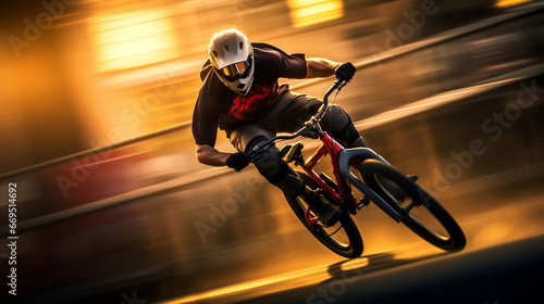 BMX bicycle isolated biker on blurred motion dirty background