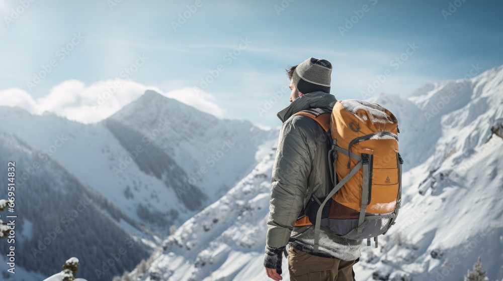 Solo traveler with a backpack against a snowy white mountains