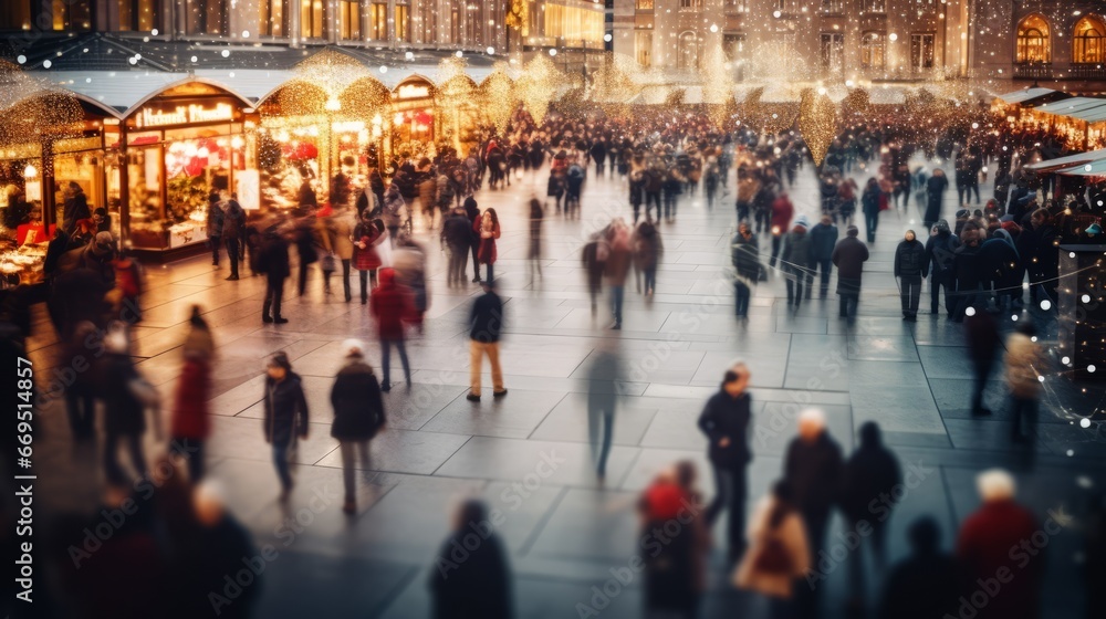 many people at the Christmas festival with blurred background