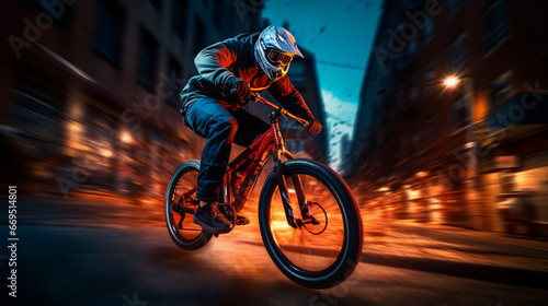 BMX bicycle isolated biker on blurred motion dirty background