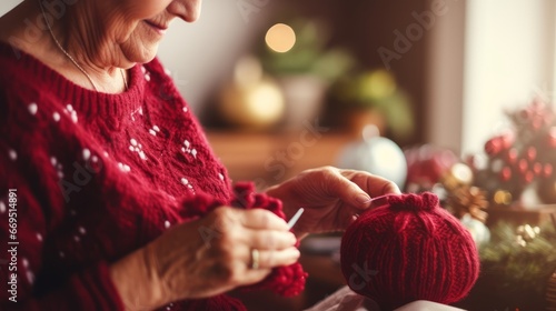 An elderly woman knits Christmas gifts for her grandchildren
