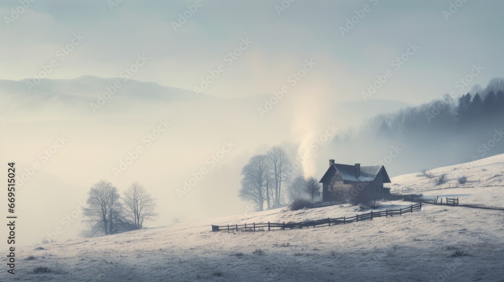 A serene snowy countryside scene with lone cabin