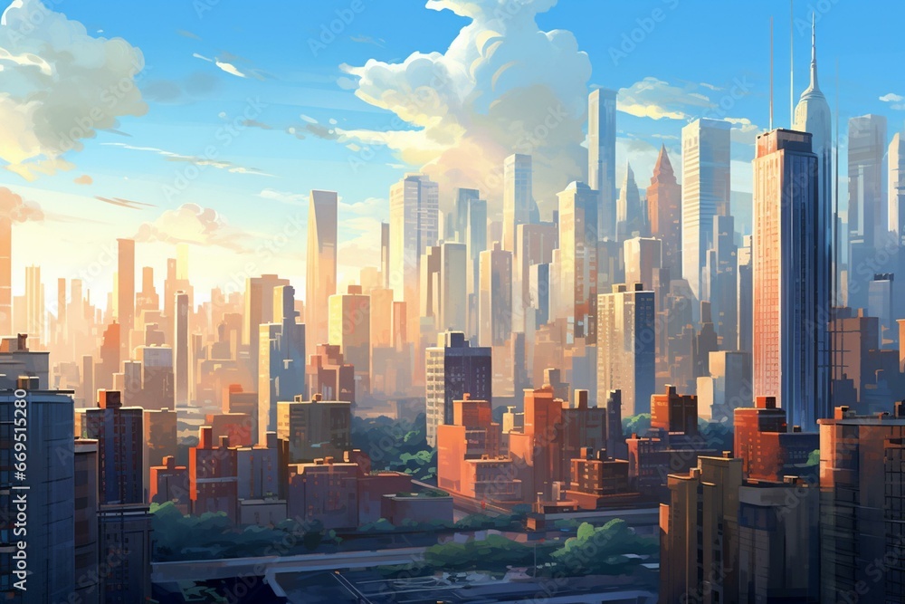 Morning cityscape with skyscrapers bathed in sunlight. Generative AI