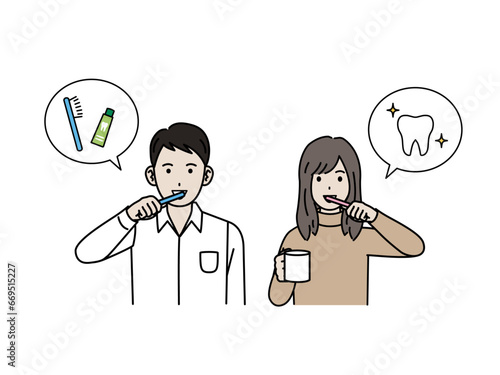 歯を磨く若い男女のイラスト