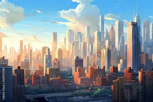 Morning cityscape with skyscrapers bathed in sunlight. Generative AI © Farida