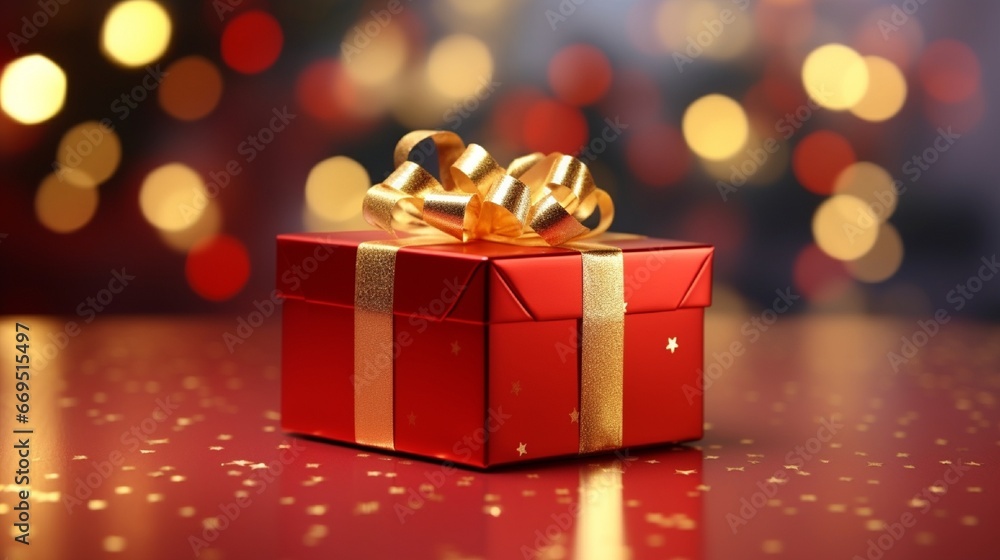 Red gift box with golden ribbon and bow with blur christmas background Red gift box with golden ribbon and bow with blur christmas background
