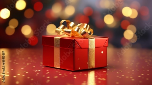 Wallpaper Mural Red gift box with golden ribbon and bow with blur christmas background Torontodigital.ca