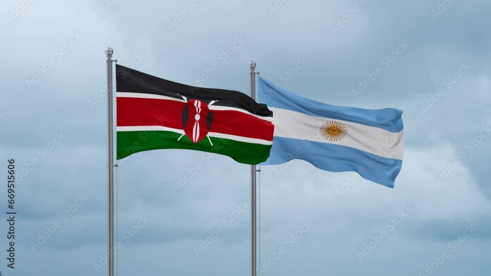 Argentina flag and Kenya flag waving together on cloudy sky, endless seamless loop, two country relations concept Argentina flag and Kenya flag waving together on cloudy sky, endless seamless loop, two country relations concept
